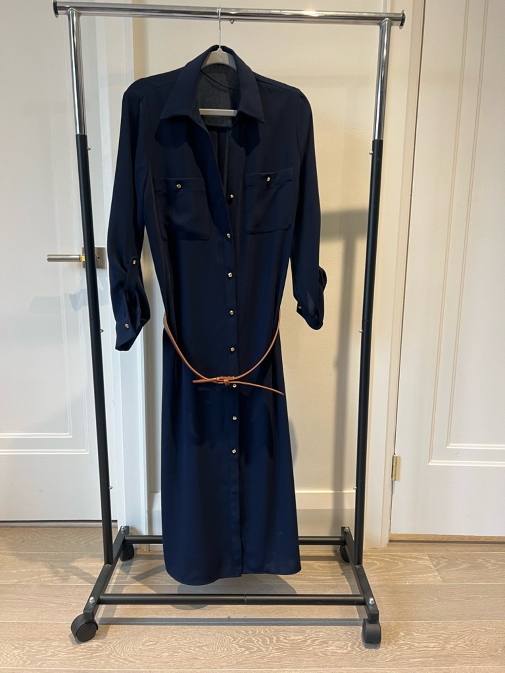 Zara Navy Long Sleeve Shirt Dress with Slim Tan Belt
